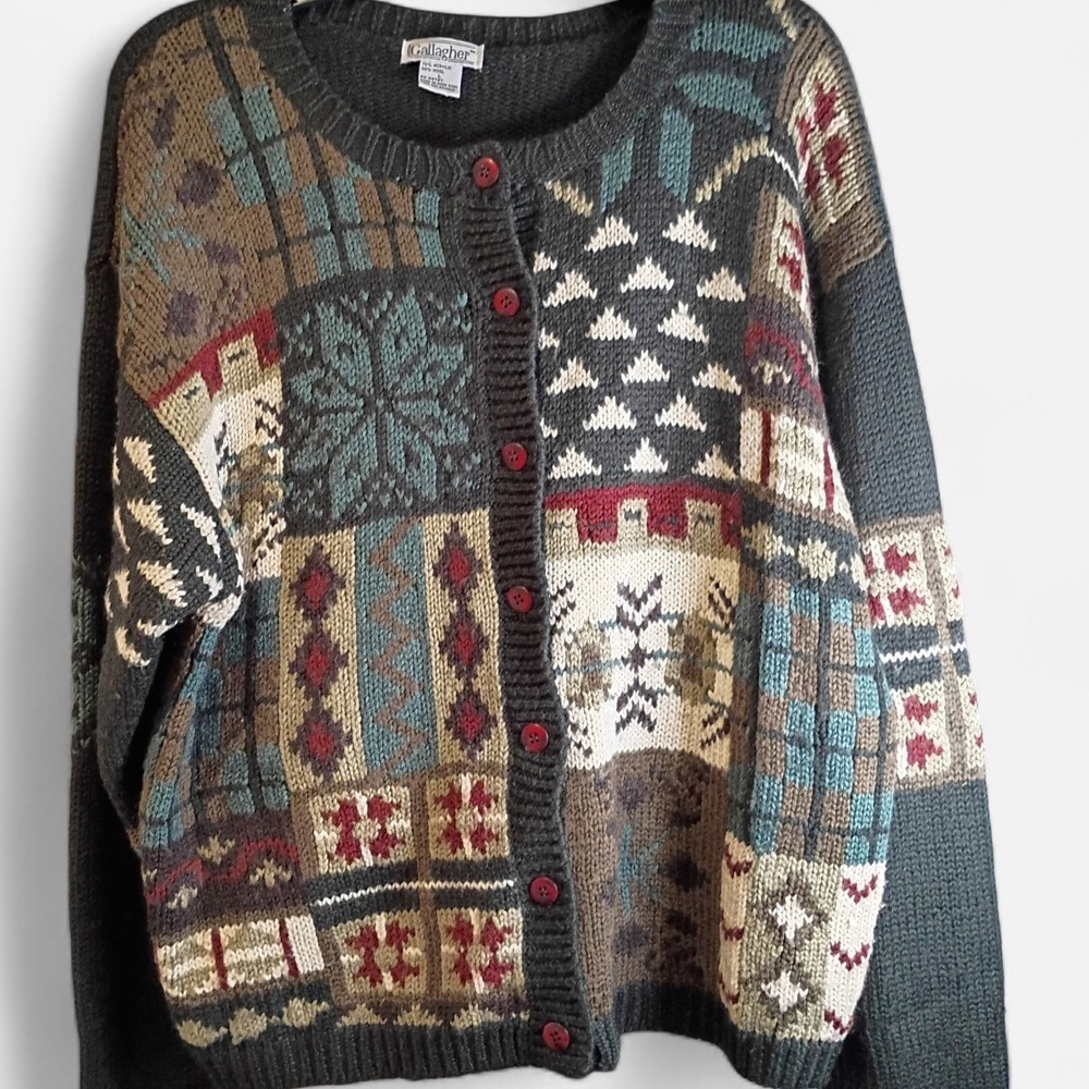 Gallagher‎ Wool Acrylic Sweater Women L Vintage Cozy Buttons Multi Color Stitch